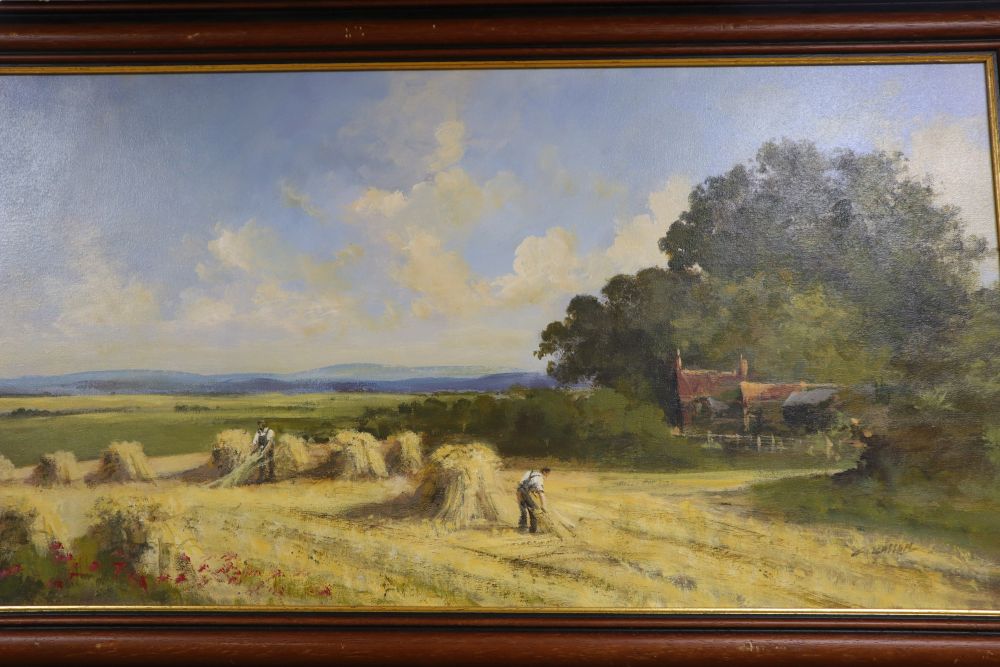 English School, oil on canvas, Harvesters in a landscape, indistinctly signed, 40 x 75cm